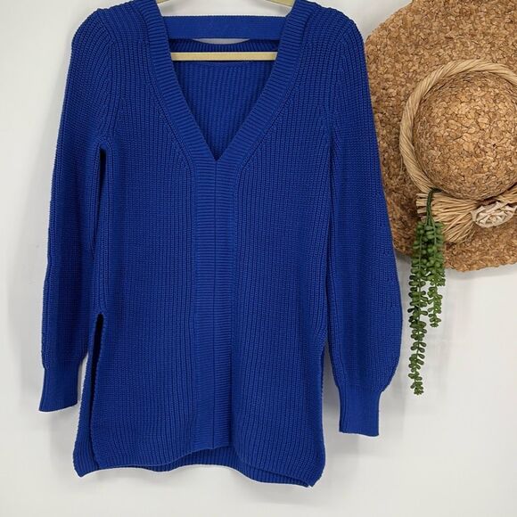 Loft Shaker Chunky Knit Open Back Keyhole  Side Slit Sweater Cobalt Blue S - Picture 8 of 14